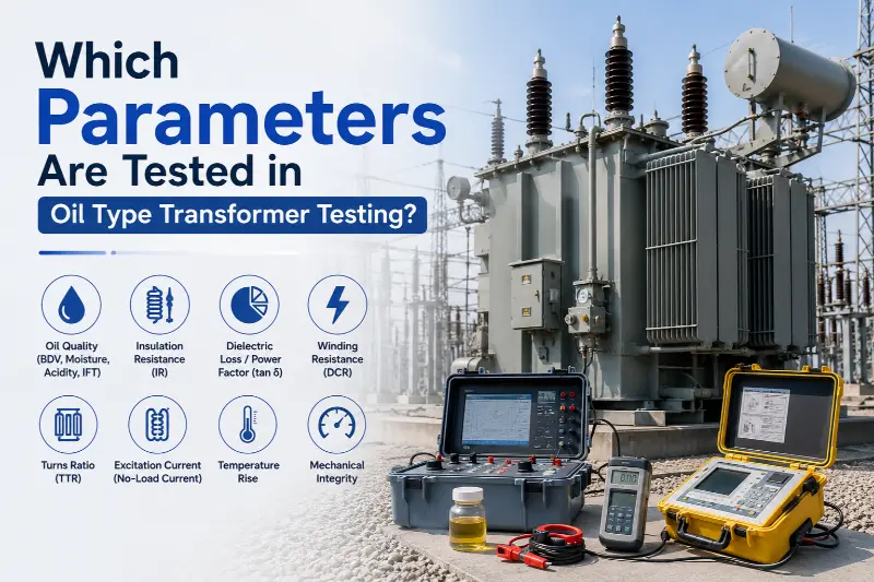 Welke parameters worden getest bij het testen van olietypetransformatoren?
